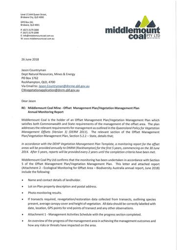 Offset Management Plan Annual Monitoring Report Letter June 2018